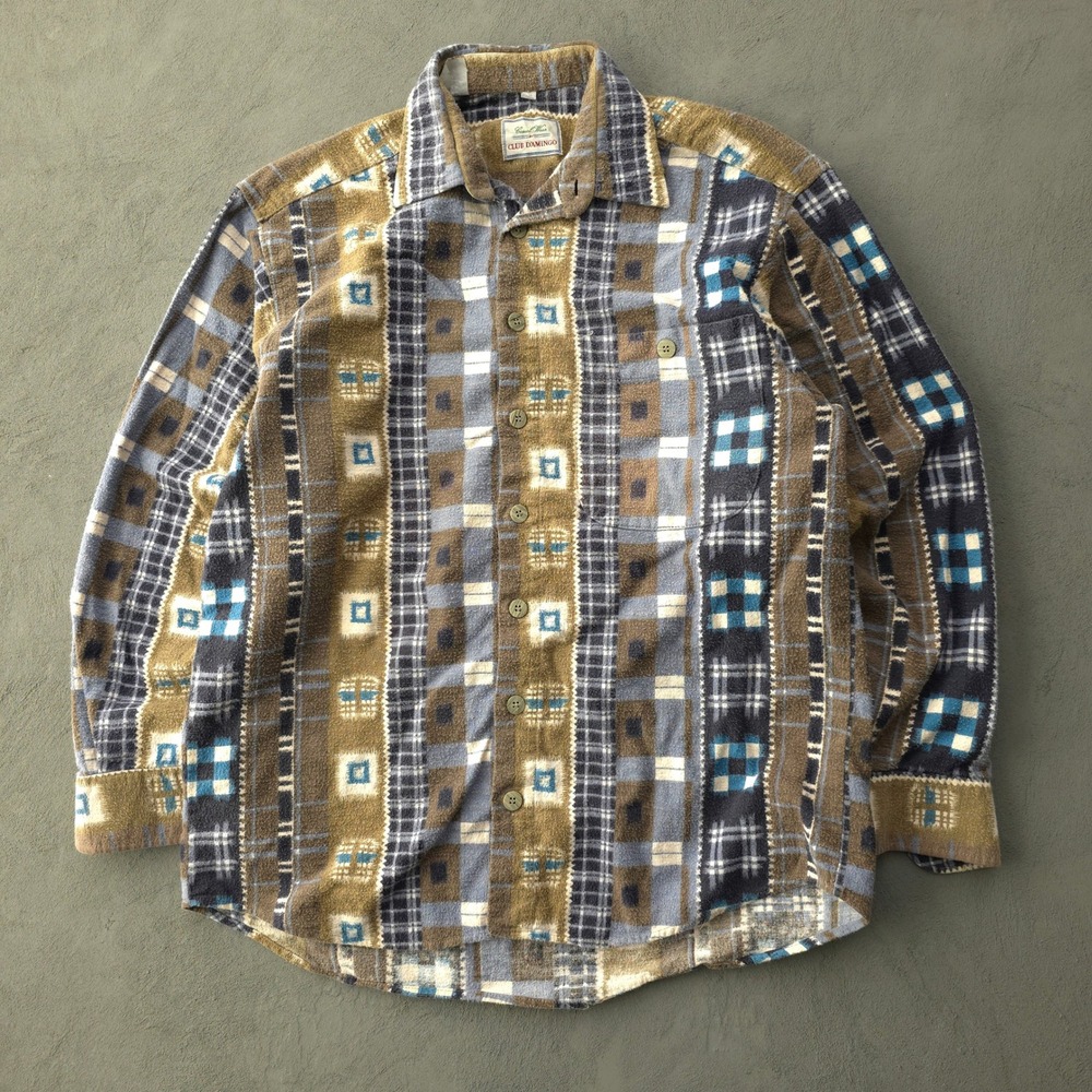 Vintage 90s Club D'amingo Brown Geometric Fleece Button Up Shirt Size M USA